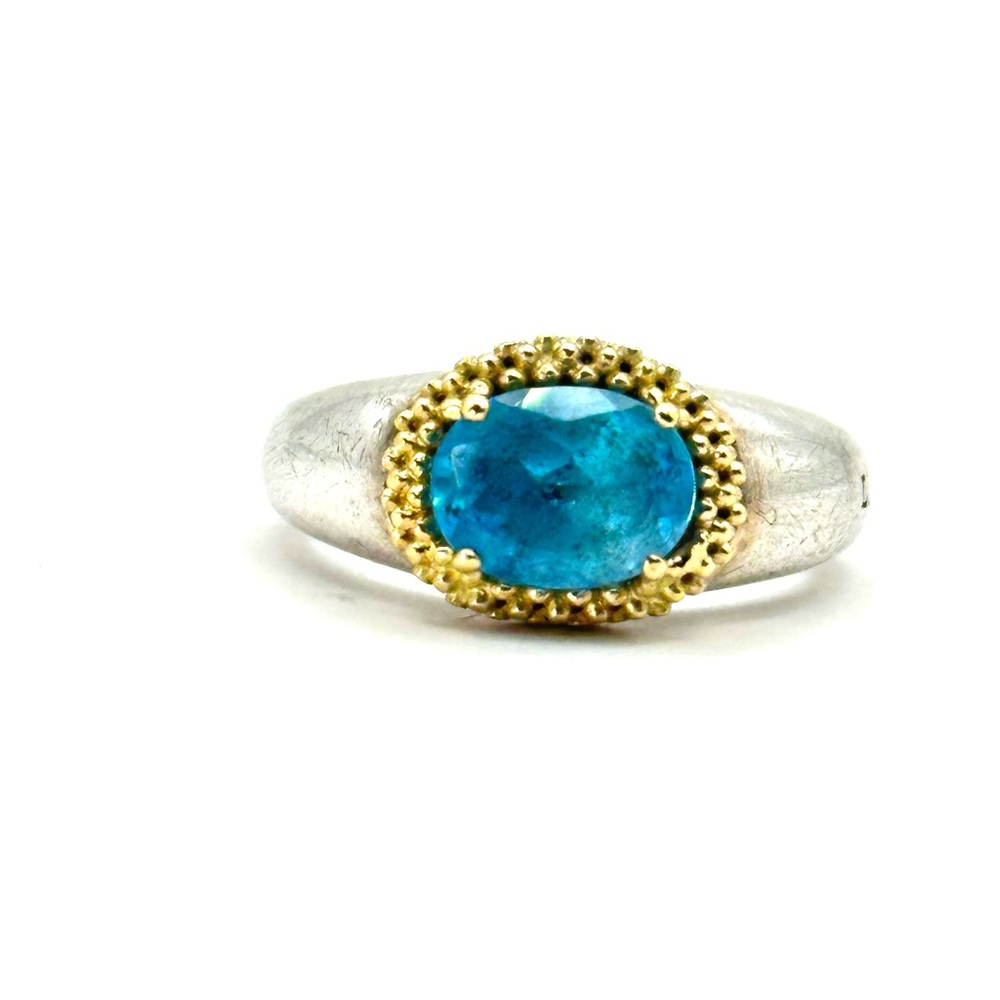Lagos Caviar Silver & Gold Faceted Blue Topaz Ring Size 7 - Picture 4 of 13